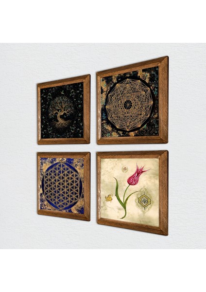 Sri Yantra, Yaşam Çiçeği, Hayat Ağacı, Lale Taş Duvar Tablosu Ahşap Çerçeveli Duvar Dekoru 4 Parça Tablo Seti Wall Art W4-737 fiyatları