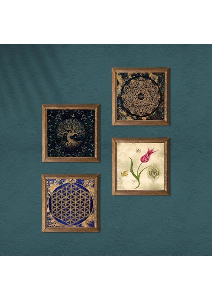 Sri Yantra, Yaşam Çiçeği, Hayat Ağacı, Lale Taş Duvar Tablosu Ahşap Çerçeveli Duvar Dekoru 4 Parça Tablo Seti Wall Art W4-737 modelleri