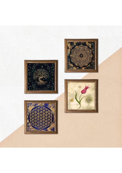 Sri Yantra, Yaşam Çiçeği, Hayat Ağacı, Lale Taş Duvar Tablosu Ahşap Çerçeveli Duvar Dekoru 4 Parça Tablo Seti Wall Art W4-737 indirimleri