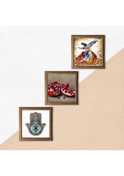 Semazen, Nar, Fatma Ana Eli (Hamsa) Taş Duvar Tablosu Ahşap Çerçeveli Duvar Dekoru 3 Parça Tablo Seti Wall Art W3-105