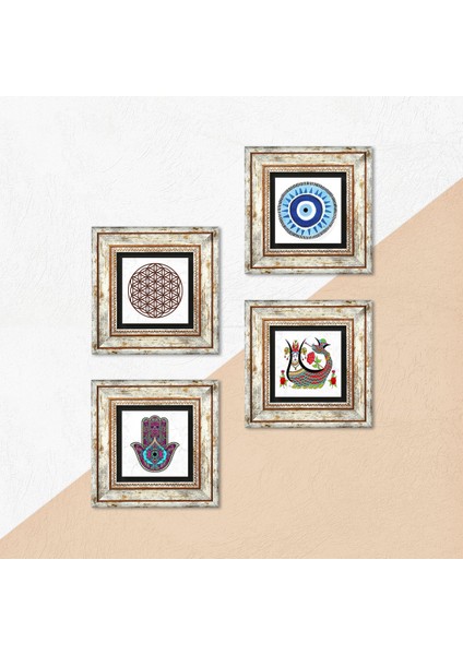 Nazar, Yaşam Çiçeği, Fatma Ana Eli (Hamsa), Şahmeran Taş Duvar Tablosu Çerçeveli Duvar Dekoru 4 Parça Tablo Seti Wall Art T4-81