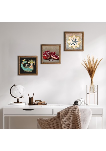Hz. Muhammed Lafzı, Şahmeran, Nar Ahşap Çerçeveli Taş Duvar Tablosu 3’lü Set – 25x25 cm Dekoratif Modern Sanat – Ev ve Ofis Dekoru |W3-987|