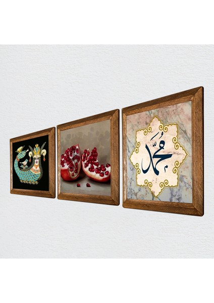 Hz. Muhammed Lafzı, Şahmeran, Nar Ahşap Çerçeveli Taş Duvar Tablosu 3’lü Set – 25x25 cm Dekoratif Modern Sanat – Ev ve Ofis Dekoru |W3-987| fiyatları