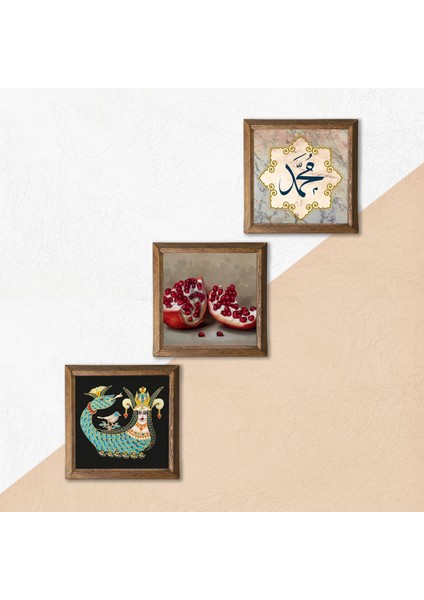 Hz. Muhammed Lafzı, Şahmeran, Nar Ahşap Çerçeveli Taş Duvar Tablosu 3’lü Set – 25x25 cm Dekoratif Modern Sanat – Ev ve Ofis Dekoru |W3-987| indirimleri