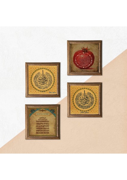 Nas Suresi, Felak Suresi, Ayet-el Kürsi, Bereket Duası Ahşap Çerçeveli Taş Duvar Tablosu 4’lü Set – 25x25 cm Dekoratif Modern Sanat – Ev ve Ofis Dekoru |W4-1029| indirimleri