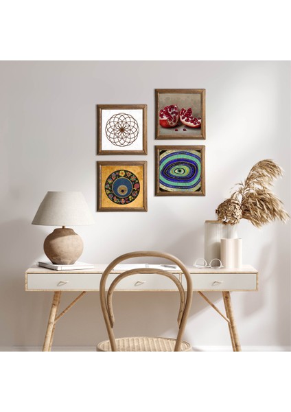 Yaşam Çiçeği, Nazar, Nar Taş Duvar Tablosu Ahşap Çerçeveli Duvar Dekoru 4 Parça Tablo Seti Wall Art W4-1034