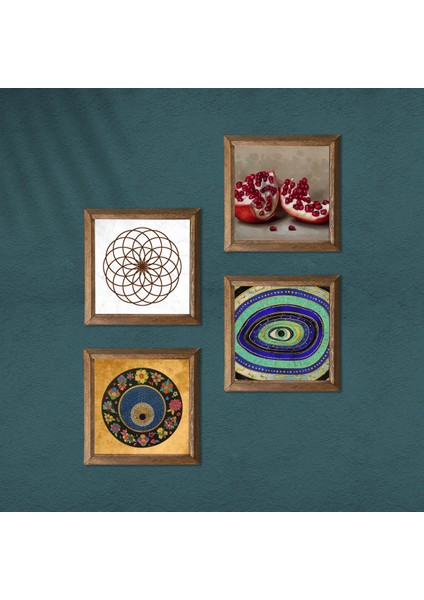 Yaşam Çiçeği, Nazar, Nar Taş Duvar Tablosu Ahşap Çerçeveli Duvar Dekoru 4 Parça Tablo Seti Wall Art W4-1034