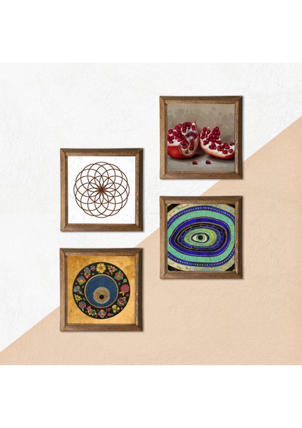 Yaşam Çiçeği, Nazar, Nar Taş Duvar Tablosu Ahşap Çerçeveli Duvar Dekoru 4 Parça Tablo Seti Wall Art W4-1034