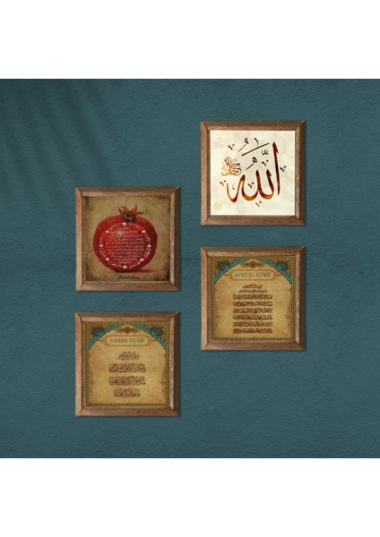 Allah Lafzı, Ayet-el Kürsi, Nazar Duası, Bereket Duası Taş Duvar Tablosu Ahşap Çerçeveli Duvar Dekoru 4 Parça Tablo Seti Wall Art W4-144