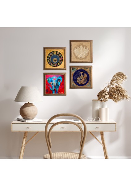 Stone Fil, Tavus Kuşu, Lotus Çiçeği, Nazar Ahşap Çerçeveli Taş Duvar Tablosu 4’lü Set – 25x25 cm Dekoratif Modern Sanat – Ev ve Ofis Dekoru |W4-319|