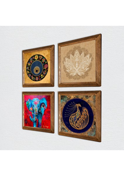 Stone Fil, Tavus Kuşu, Lotus Çiçeği, Nazar Ahşap Çerçeveli Taş Duvar Tablosu 4’lü Set – 25x25 cm Dekoratif Modern Sanat – Ev ve Ofis Dekoru |W4-319| fiyatları