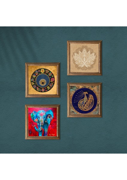 Stone Fil, Tavus Kuşu, Lotus Çiçeği, Nazar Ahşap Çerçeveli Taş Duvar Tablosu 4’lü Set – 25x25 cm Dekoratif Modern Sanat – Ev ve Ofis Dekoru |W4-319| modelleri