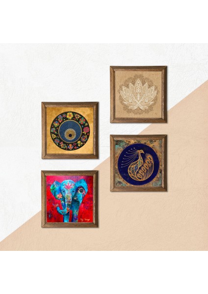 Stone Fil, Tavus Kuşu, Lotus Çiçeği, Nazar Ahşap Çerçeveli Taş Duvar Tablosu 4’lü Set – 25x25 cm Dekoratif Modern Sanat – Ev ve Ofis Dekoru |W4-319| indirimleri