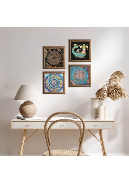 Stone Mandala, Sri Yantra, Yaşam Çiçeği, Şahmeran Ahşap Çerçeveli Taş Duvar Tablosu 4’lü Set – 25x25 cm Dekoratif Modern Sanat – Ev ve Ofis Dekoru |W4-715|