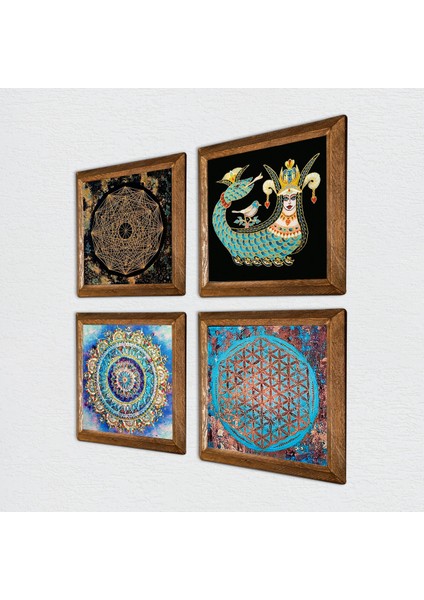 Stone Mandala, Sri Yantra, Yaşam Çiçeği, Şahmeran Ahşap Çerçeveli Taş Duvar Tablosu 4’lü Set – 25x25 cm Dekoratif Modern Sanat – Ev ve Ofis Dekoru |W4-715| fiyatları