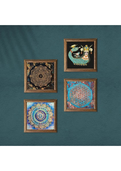 Stone Mandala, Sri Yantra, Yaşam Çiçeği, Şahmeran Ahşap Çerçeveli Taş Duvar Tablosu 4’lü Set – 25x25 cm Dekoratif Modern Sanat – Ev ve Ofis Dekoru |W4-715| modelleri