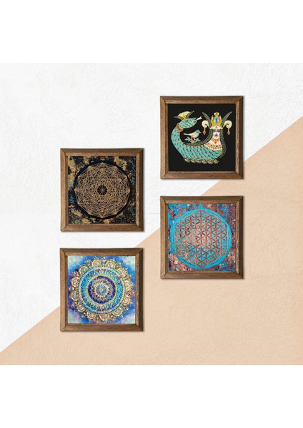Stone Mandala, Sri Yantra, Yaşam Çiçeği, Şahmeran Ahşap Çerçeveli Taş Duvar Tablosu 4’lü Set – 25x25 cm Dekoratif Modern Sanat – Ev ve Ofis Dekoru |W4-715| indirimleri