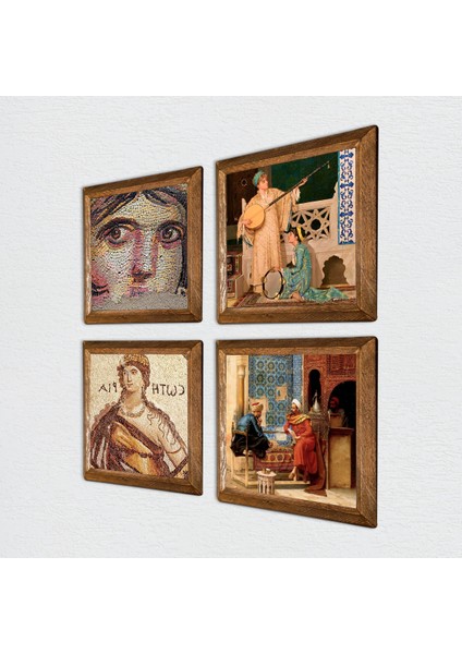 Soteria, Çingene Kızı, Satranç Oyunu, İki Müzisyen Kız Ahşap Çerçeveli Taş Duvar Tablosu 4’lü Set – 25x25 cm Dekoratif Modern Sanat – Ev ve Ofis Dekoru |W4-762| fiyatları