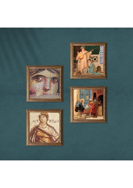 Soteria, Çingene Kızı, Satranç Oyunu, İki Müzisyen Kız Ahşap Çerçeveli Taş Duvar Tablosu 4’lü Set – 25x25 cm Dekoratif Modern Sanat – Ev ve Ofis Dekoru |W4-762| modelleri