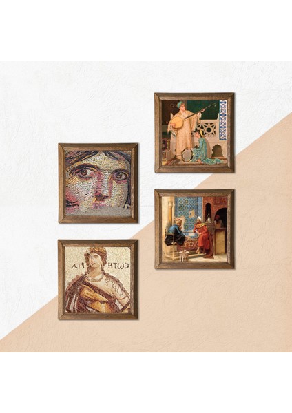 Soteria, Çingene Kızı, Satranç Oyunu, İki Müzisyen Kız Ahşap Çerçeveli Taş Duvar Tablosu 4’lü Set – 25x25 cm Dekoratif Modern Sanat – Ev ve Ofis Dekoru |W4-762| indirimleri