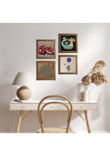 Yaşam Çiçeği, Ebru Sanatı, Şahmeran, Nar Taş Duvar Tablosu Ahşap Çerçeveli Duvar Dekoru 4 Parça Tablo Seti Wall Art W4-765