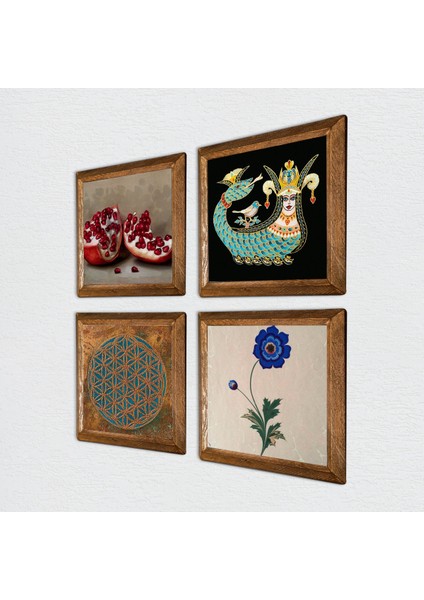 Yaşam Çiçeği, Ebru Sanatı, Şahmeran, Nar Taş Duvar Tablosu Ahşap Çerçeveli Duvar Dekoru 4 Parça Tablo Seti Wall Art W4-765