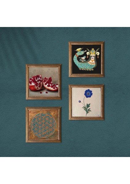 Yaşam Çiçeği, Ebru Sanatı, Şahmeran, Nar Taş Duvar Tablosu Ahşap Çerçeveli Duvar Dekoru 4 Parça Tablo Seti Wall Art W4-765