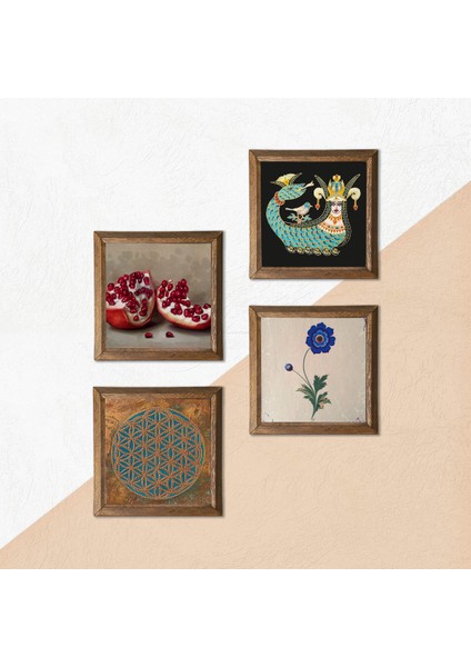 Yaşam Çiçeği, Ebru Sanatı, Şahmeran, Nar Taş Duvar Tablosu Ahşap Çerçeveli Duvar Dekoru 4 Parça Tablo Seti Wall Art W4-765