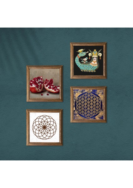 Yaşam Çiçeği, Şahmeran, Nar Taş Duvar Tablosu Ahşap Çerçeveli Duvar Dekoru 4 Parça Tablo Seti Wall Art W4-771 modelleri