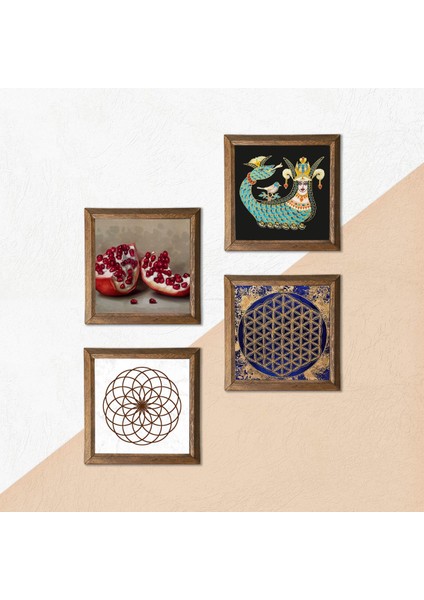 Yaşam Çiçeği, Şahmeran, Nar Taş Duvar Tablosu Ahşap Çerçeveli Duvar Dekoru 4 Parça Tablo Seti Wall Art W4-771 indirimleri