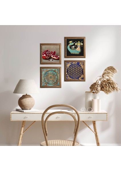 Yaşam Çiçeği, Şahmeran, Nar Taş Duvar Tablosu Ahşap Çerçeveli Duvar Dekoru 4 Parça Tablo Seti Wall Art W4-774