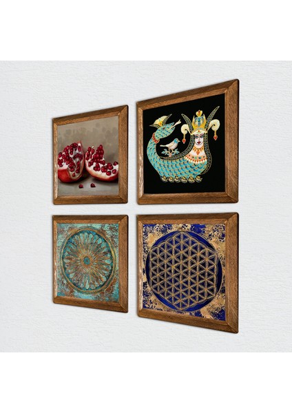 Yaşam Çiçeği, Şahmeran, Nar Taş Duvar Tablosu Ahşap Çerçeveli Duvar Dekoru 4 Parça Tablo Seti Wall Art W4-774