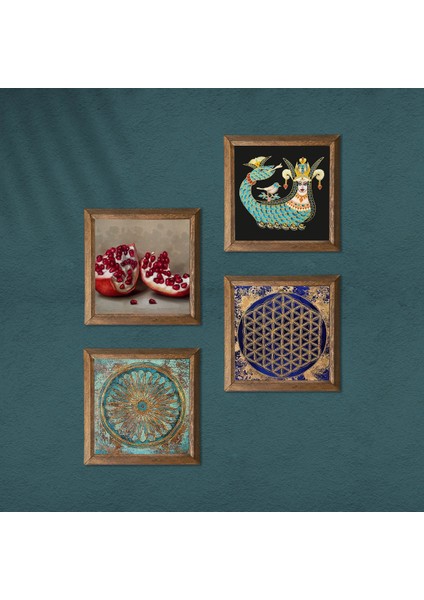 Yaşam Çiçeği, Şahmeran, Nar Taş Duvar Tablosu Ahşap Çerçeveli Duvar Dekoru 4 Parça Tablo Seti Wall Art W4-774