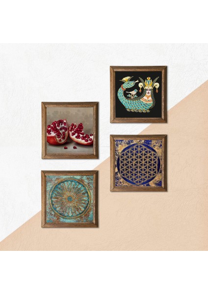 Yaşam Çiçeği, Şahmeran, Nar Taş Duvar Tablosu Ahşap Çerçeveli Duvar Dekoru 4 Parça Tablo Seti Wall Art W4-774
