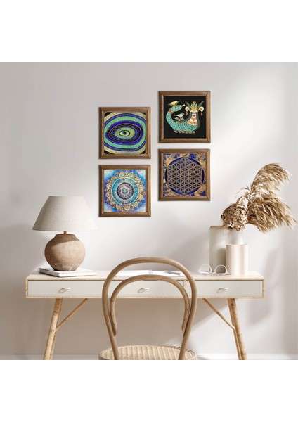 Mandala, Nazar, Yaşam Çiçeği, Şahmeran Taş Duvar Tablosu Ahşap Çerçeveli Duvar Dekoru 4 Parça Tablo Seti Wall Art W4-778