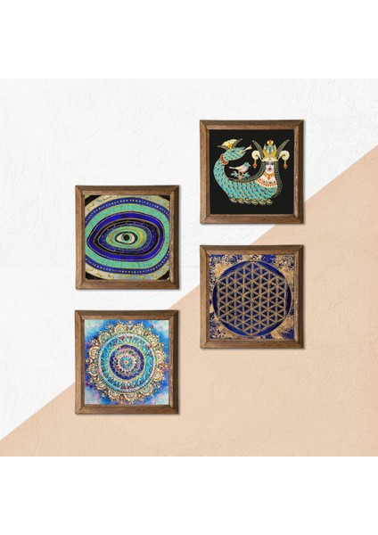 Mandala, Nazar, Yaşam Çiçeği, Şahmeran Taş Duvar Tablosu Ahşap Çerçeveli Duvar Dekoru 4 Parça Tablo Seti Wall Art W4-778