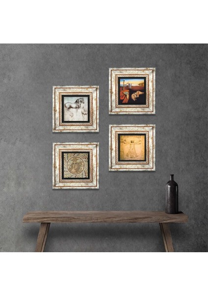 Salvador Dalí, Mozaik Serisi, Leonardo da Vinci Çerçeveli Taş Duvar Tablosu 4’lü Set - Dekoratif Modern Sanat, Ev ve Ofis Dekoru |TK4-975|