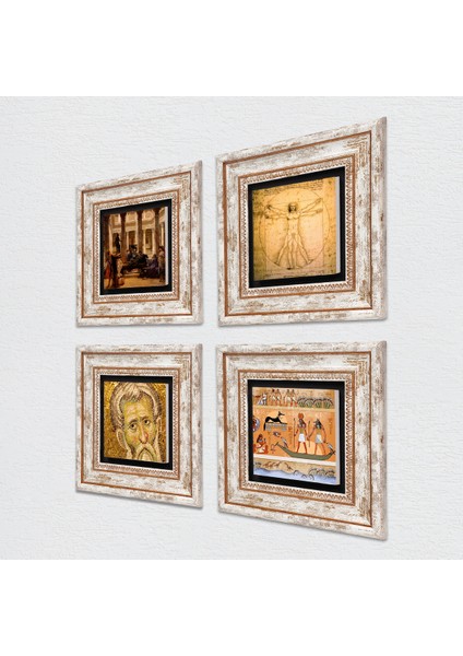 Mozaik, Antik Mısır, Bir Roma Sanat Aşığı, Da Vinci Vitruvius Adamı Taş Duvar Tablosu Çerçeveli Duvar Dekoru 4 Parça Tablo Seti Wall Art T4-98