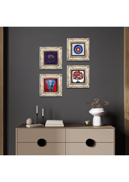 Nazar, Hayat Ağacı, Fil, Nar Ağacı Taş Duvar Tablosu Çerçeveli Duvar Dekoru 4 Parça Tablo Seti Wall Art T4-1139