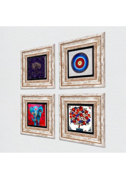 Nazar, Hayat Ağacı, Fil, Nar Ağacı Taş Duvar Tablosu Çerçeveli Duvar Dekoru 4 Parça Tablo Seti Wall Art T4-1139 fiyatları