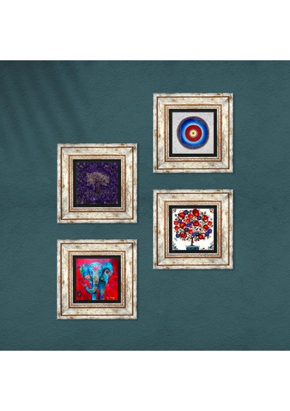 Nazar, Hayat Ağacı, Fil, Nar Ağacı Taş Duvar Tablosu Çerçeveli Duvar Dekoru 4 Parça Tablo Seti Wall Art T4-1139 fırsatları