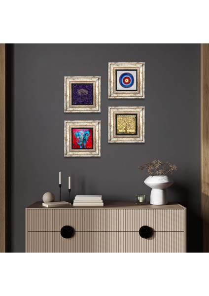 Stone Nazar, Hayat Ağacı, Fil Çerçeveli Taş Duvar Tablosu 4’lü Set - Dekoratif Modern Sanat, Ev ve Ofis Dekoru |TK4-1145|