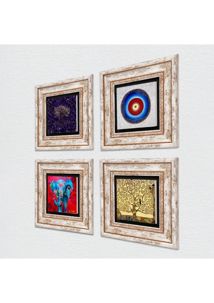 Stone Nazar, Hayat Ağacı, Fil Çerçeveli Taş Duvar Tablosu 4’lü Set - Dekoratif Modern Sanat, Ev ve Ofis Dekoru |TK4-1145| fiyatları