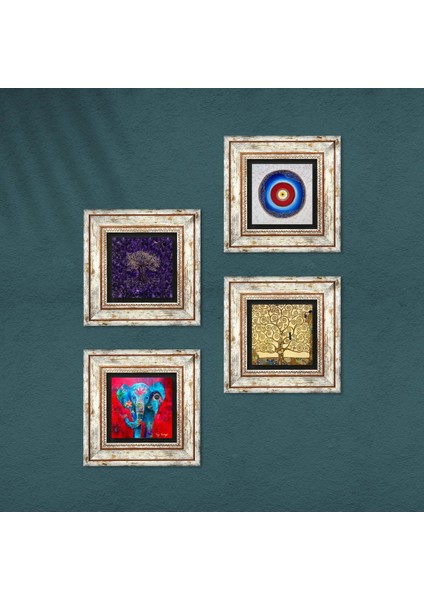 Stone Nazar, Hayat Ağacı, Fil Çerçeveli Taş Duvar Tablosu 4’lü Set - Dekoratif Modern Sanat, Ev ve Ofis Dekoru |TK4-1145| fırsatları