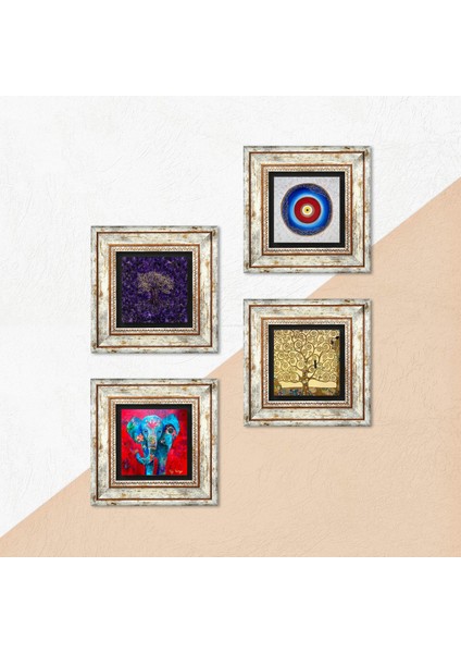 Stone Nazar, Hayat Ağacı, Fil Çerçeveli Taş Duvar Tablosu 4’lü Set - Dekoratif Modern Sanat, Ev ve Ofis Dekoru |TK4-1145| indirimleri