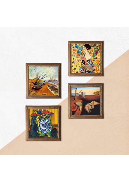 Salvador Dalí, Picasso, Van Gogh, Gustav Klimt Taş Duvar Tablosu Ahşap Çerçeveli Duvar Dekoru 4 Parça Tablo Seti Wall Art W4-953 indirimleri
