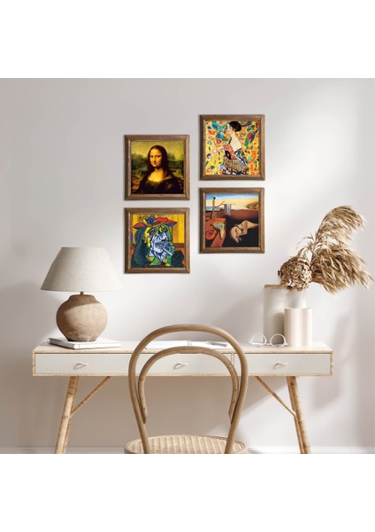 Salvador Dalí, Picasso, Gustav Klimt, Leonardo da Vinci Ahşap Çerçeveli Taş Duvar Tablosu 4’lü Set – 25x25 cm Dekoratif Modern Sanat – Ev ve Ofis Dekoru |W4-954|