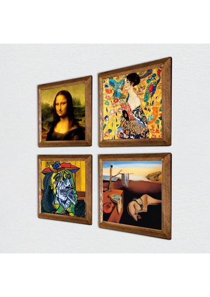 Salvador Dalí, Picasso, Gustav Klimt, Leonardo da Vinci Ahşap Çerçeveli Taş Duvar Tablosu 4’lü Set – 25x25 cm Dekoratif Modern Sanat – Ev ve Ofis Dekoru |W4-954| fiyatları