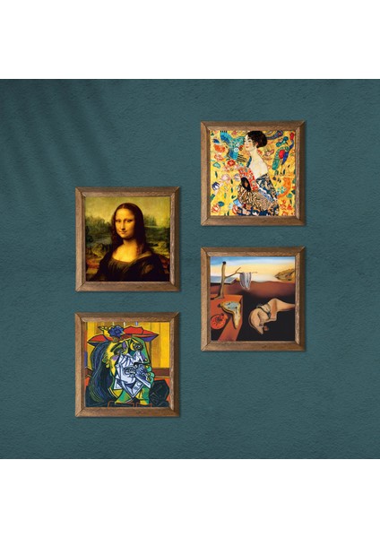 Salvador Dalí, Picasso, Gustav Klimt, Leonardo da Vinci Ahşap Çerçeveli Taş Duvar Tablosu 4’lü Set – 25x25 cm Dekoratif Modern Sanat – Ev ve Ofis Dekoru |W4-954| modelleri