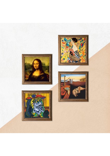 Salvador Dalí, Picasso, Gustav Klimt, Leonardo da Vinci Ahşap Çerçeveli Taş Duvar Tablosu 4’lü Set – 25x25 cm Dekoratif Modern Sanat – Ev ve Ofis Dekoru |W4-954| indirimleri